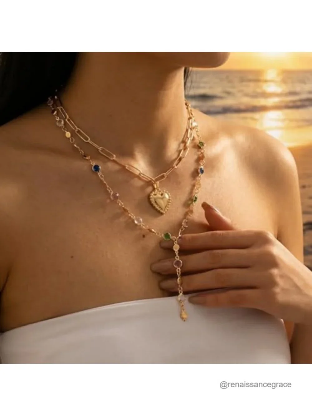 Layered Gold Necklace Set for Women Heart Pendant Trendy Jewelry 4 pcs